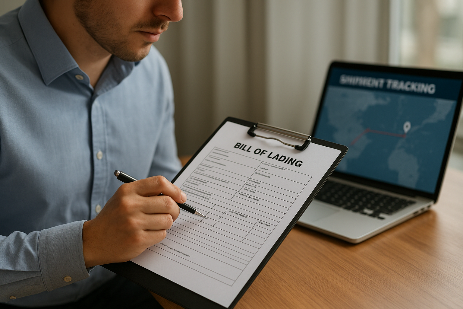 Logistics coordinator reviewing shipment paperwork for a freight shipping order