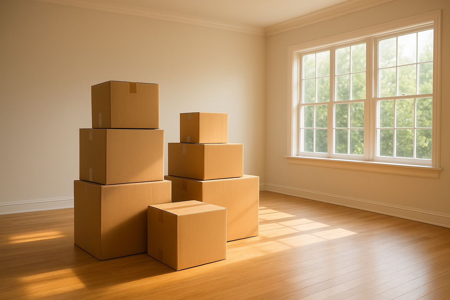 Moving boxes in a bright empty living room symbolizing a family's move into a new San Antonio home