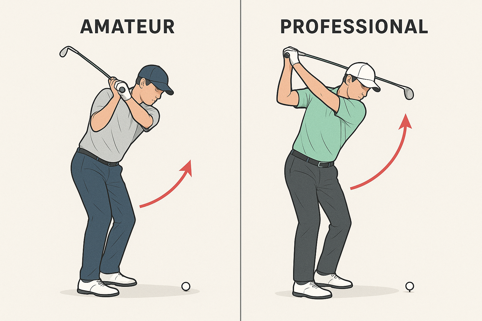 Side-by-side comparison of amateur and professional golf swing positions showing hip rotation differences