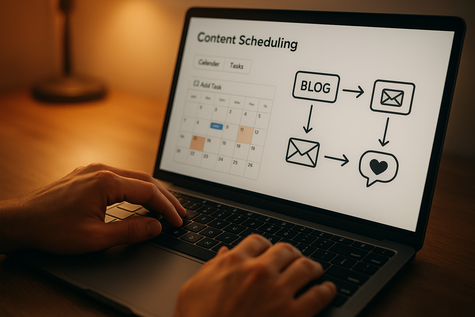 Marketer setting up a content scheduling and distribution automation workflow
