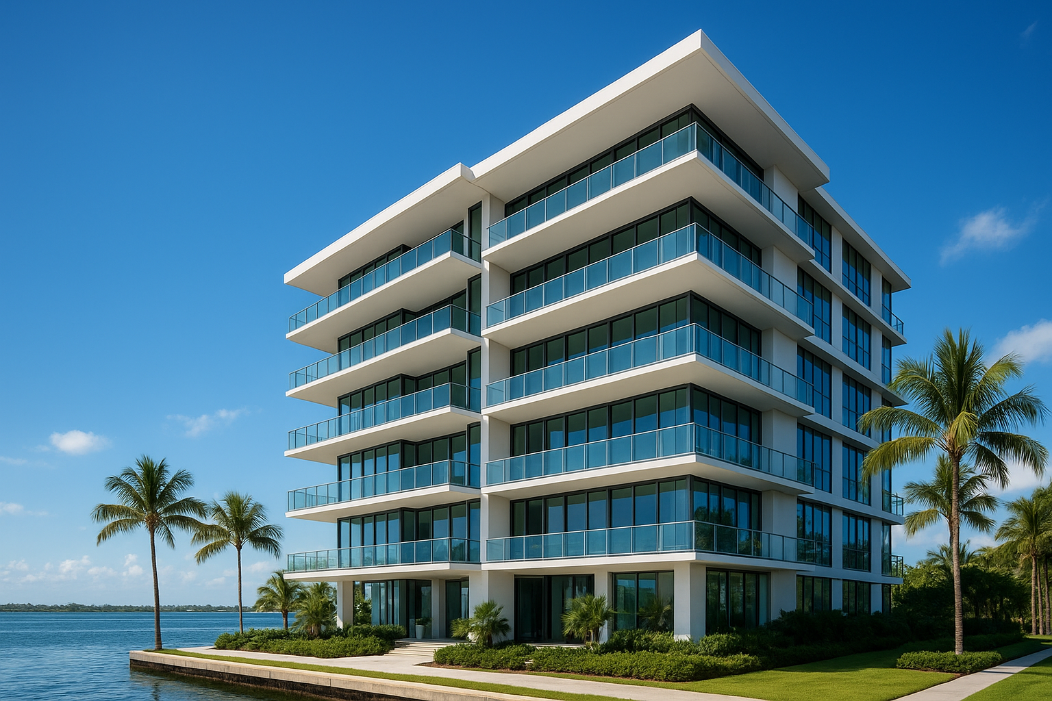 Modern luxury condominium building with waterfront view in Palm Beach County