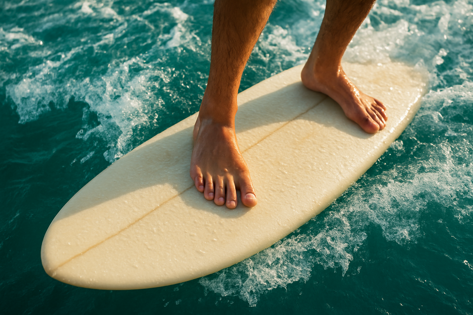 Beginner surfer standing on a foam board practicing balance to develop wave-riding skills