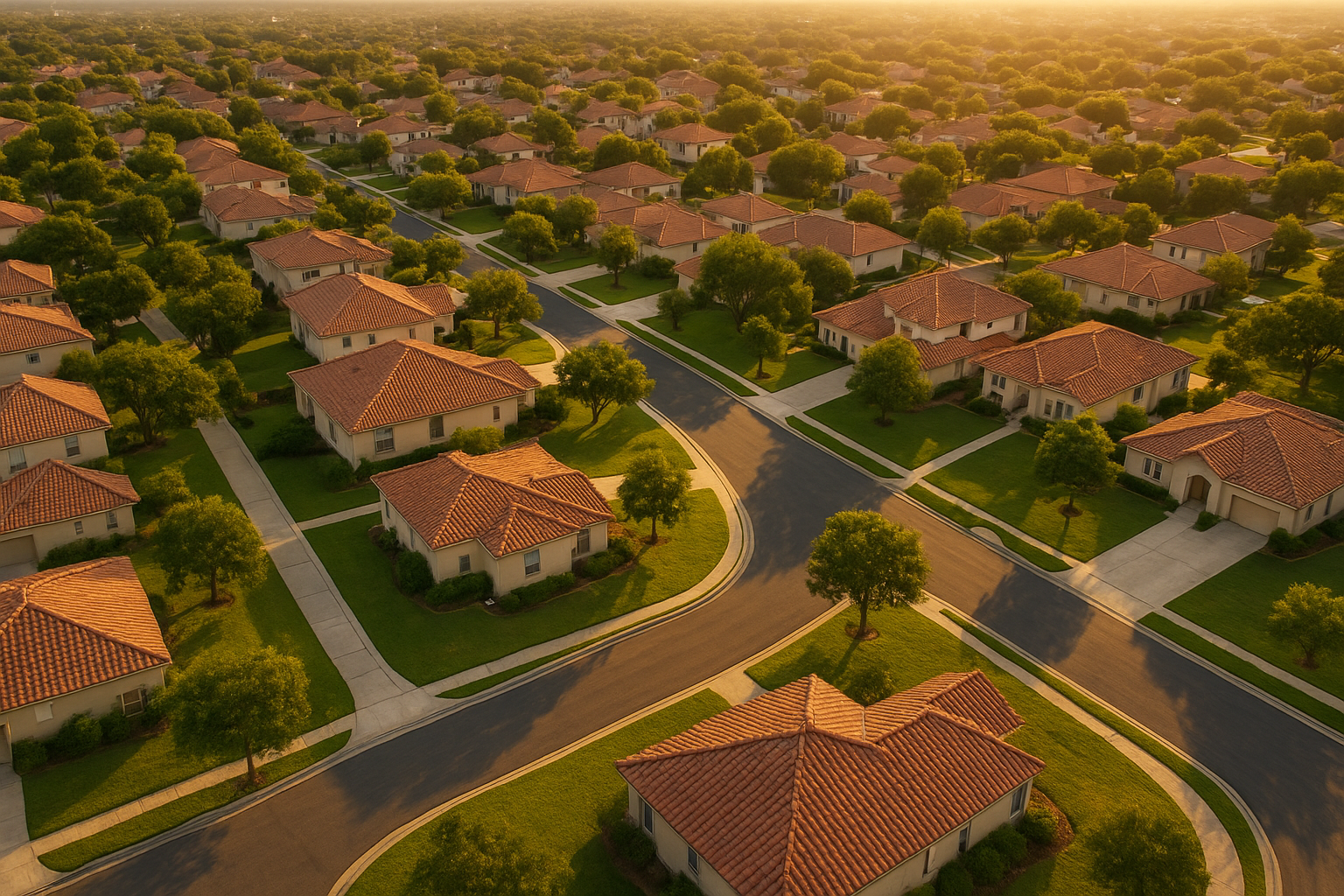 Aerial view of a San Antonio residential neighborhood at golden hour