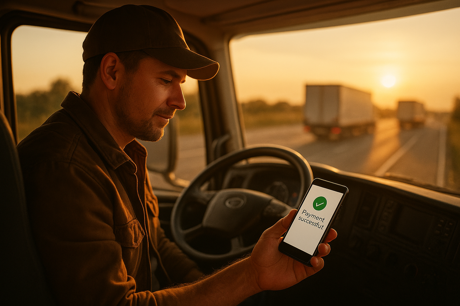 Truck driver checking payment from the best paying freight broker on a mobile phone