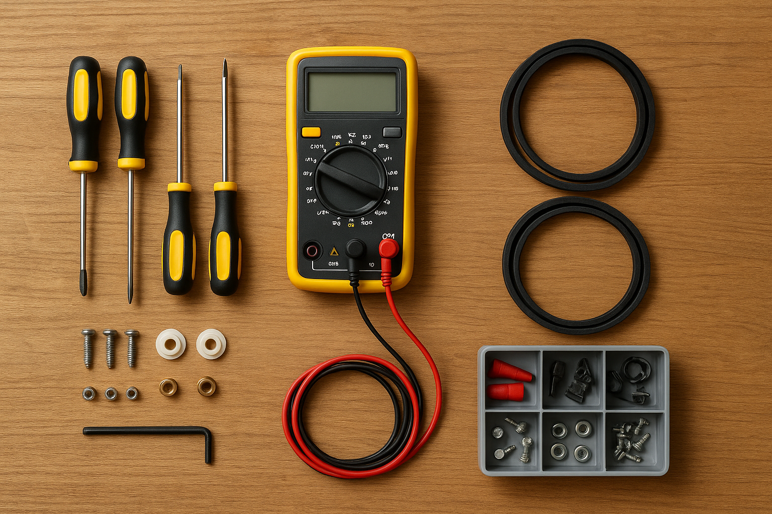 Organized toolkit and replacement parts used during a home appliance repair visit
