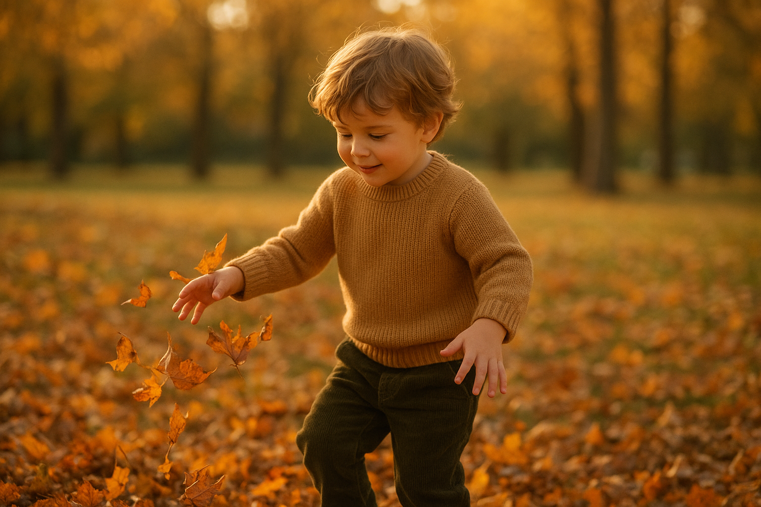 Young child wearing premium quality outfit from a kids clothing subscription in a sunny autumn park