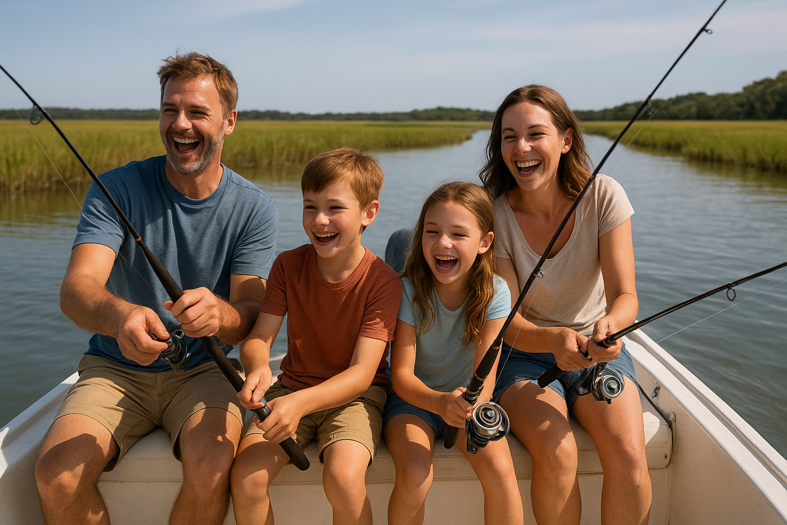 Family of four reeling in fish during an inshore creek charter near North Myrtle Beach