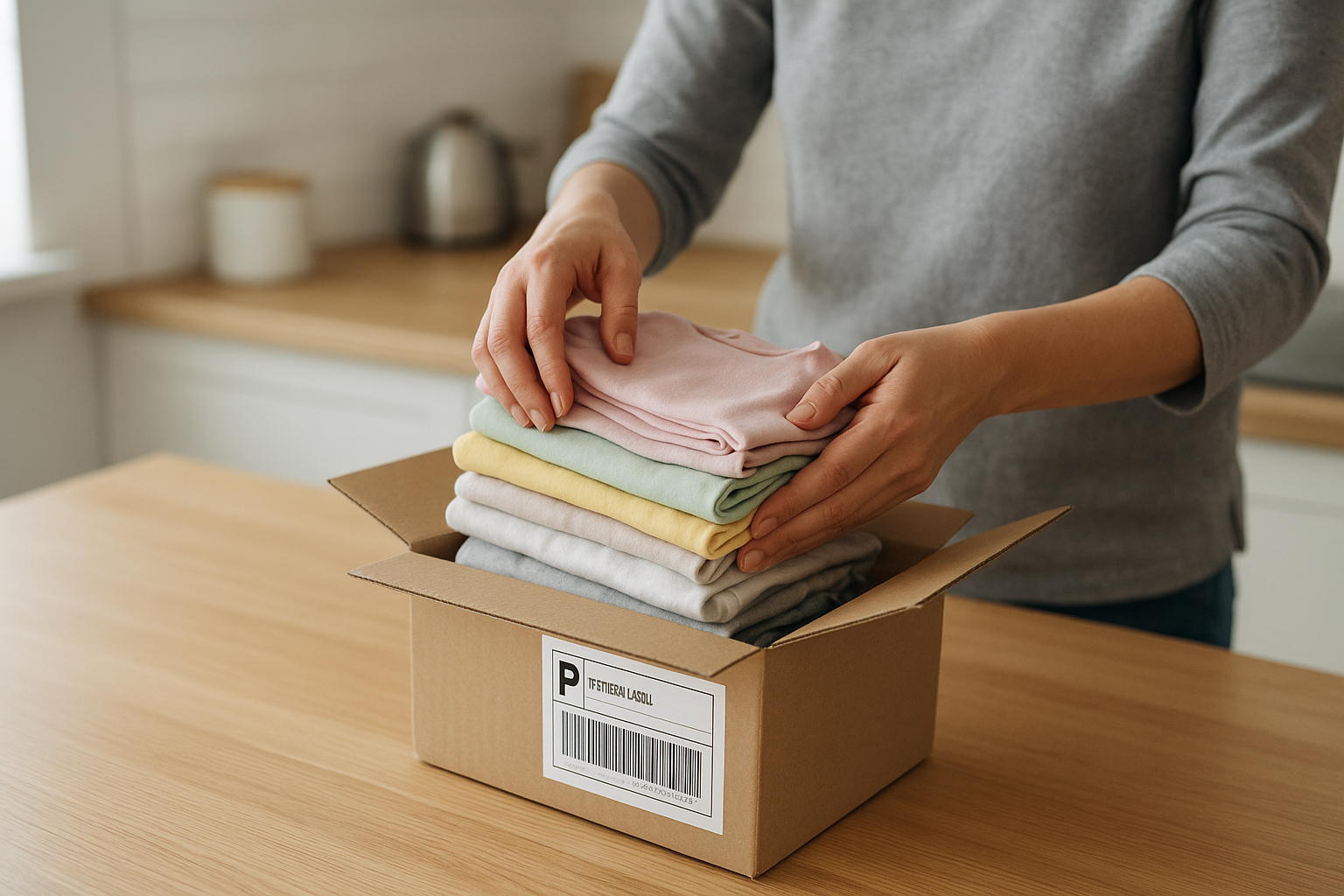 Parent preparing a free two-way shipping return for a kids clothing rental swap