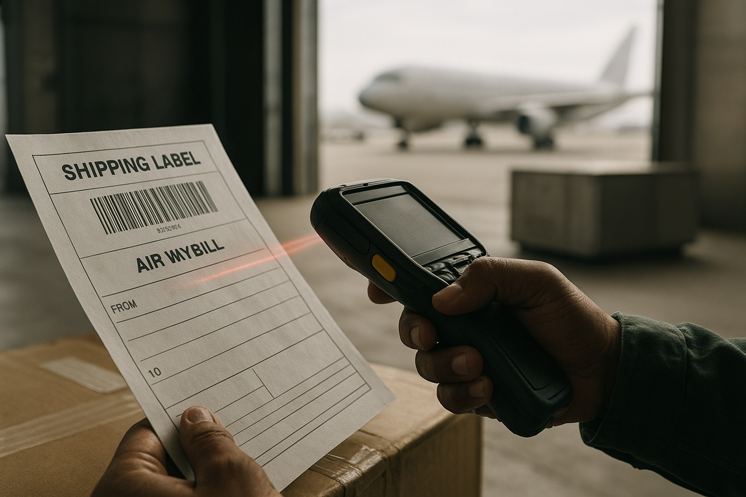 Close-up of an air waybill barcode being scanned during delta cargo tracking at an airport dock