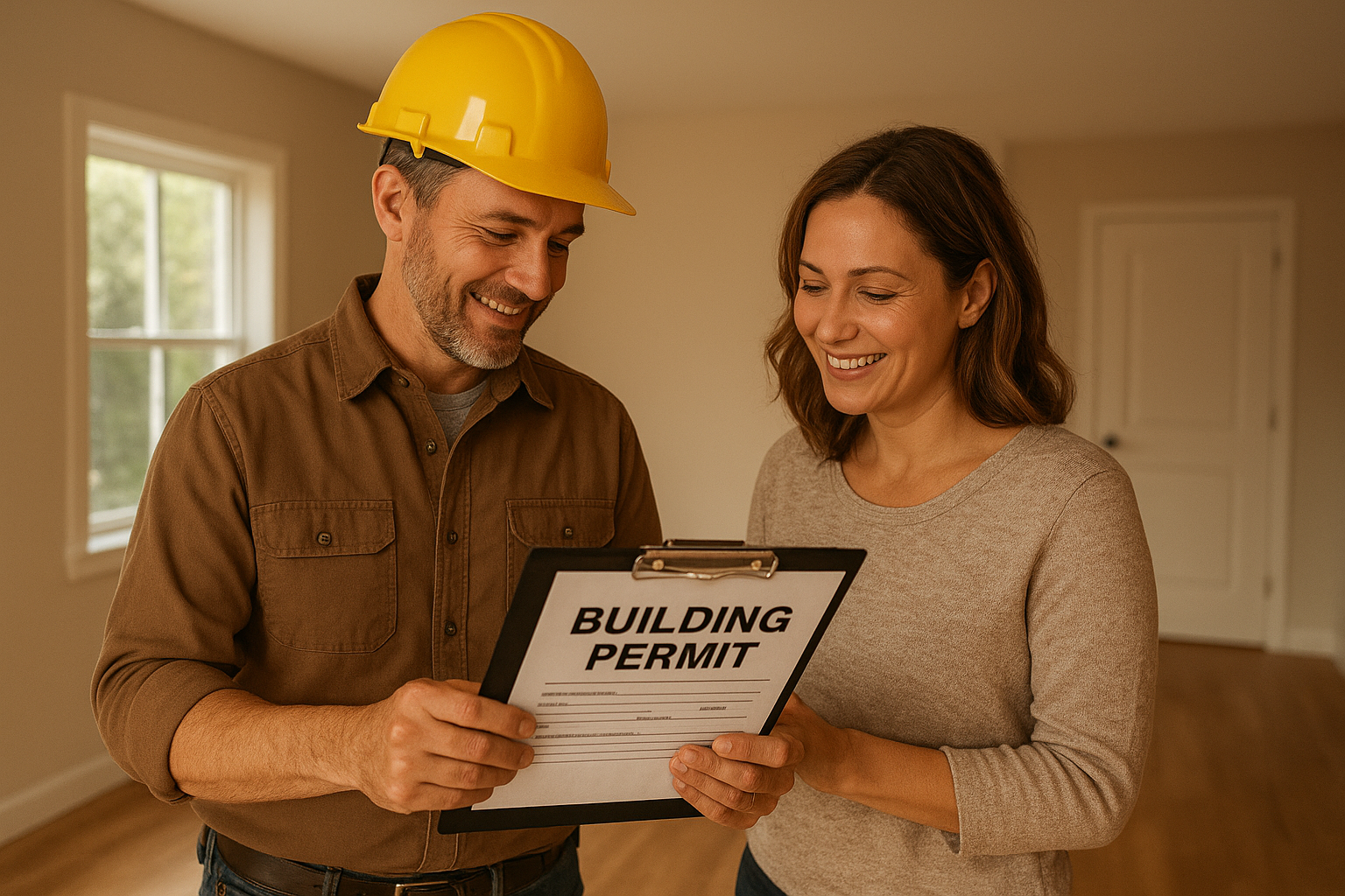 Contractor and homeowner reviewing ADU permit documents before the final inspection walkthrough