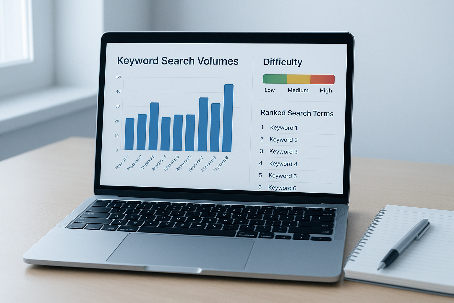 Laptop screen displaying an SEO keyword analysis dashboard with search volume charts and difficulty scores