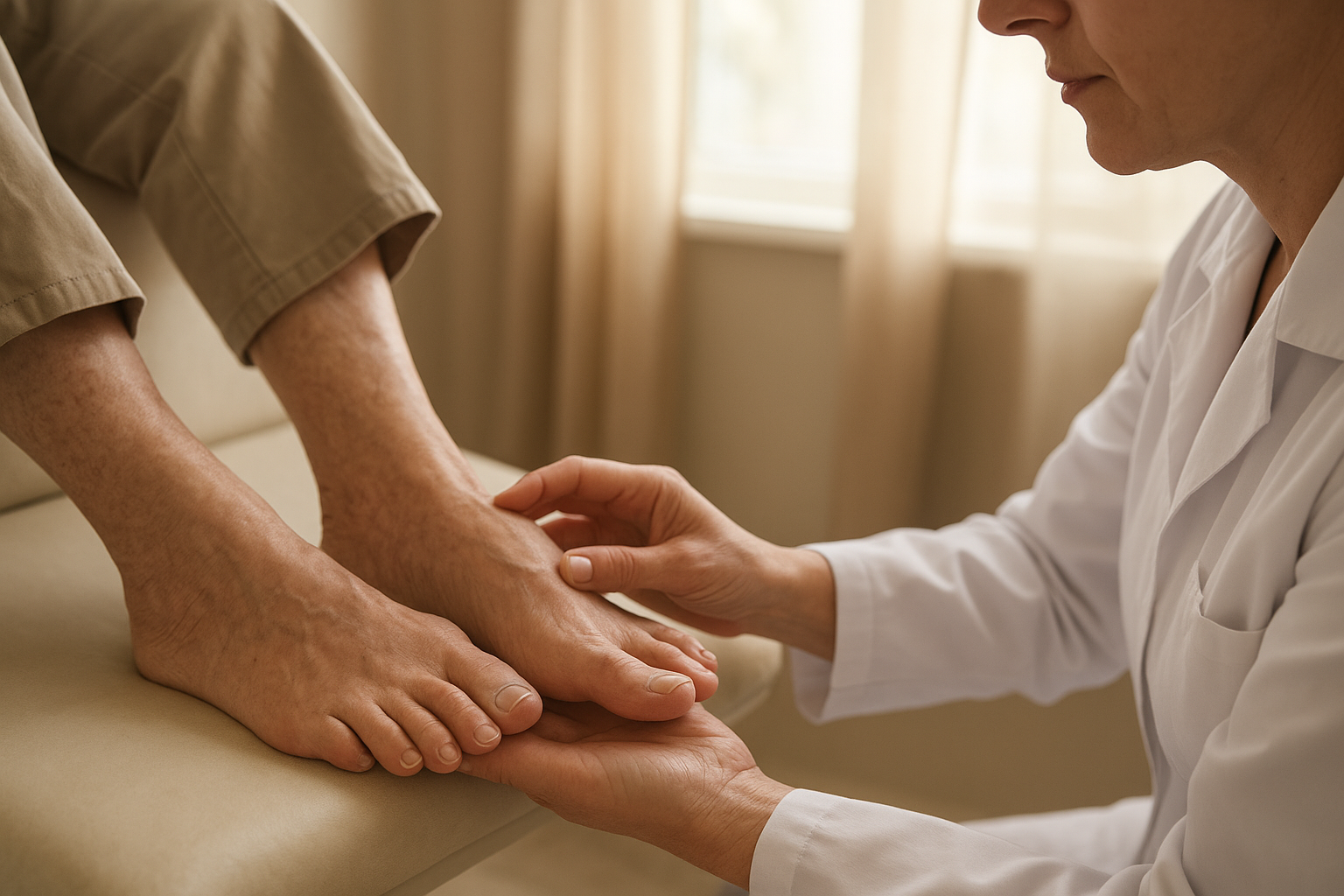 Podiatrist examining a senior patient's foot before fitting custom molded orthotics for seniors
