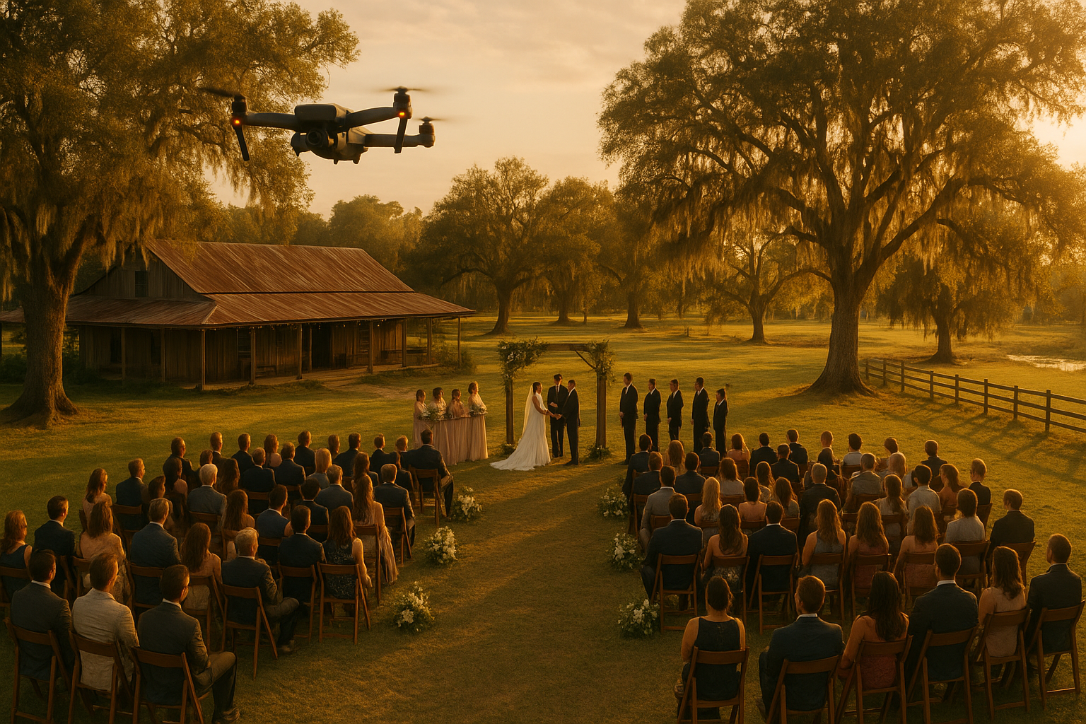 Drone capturing an aerial photography shot of an outdoor wedding ceremony