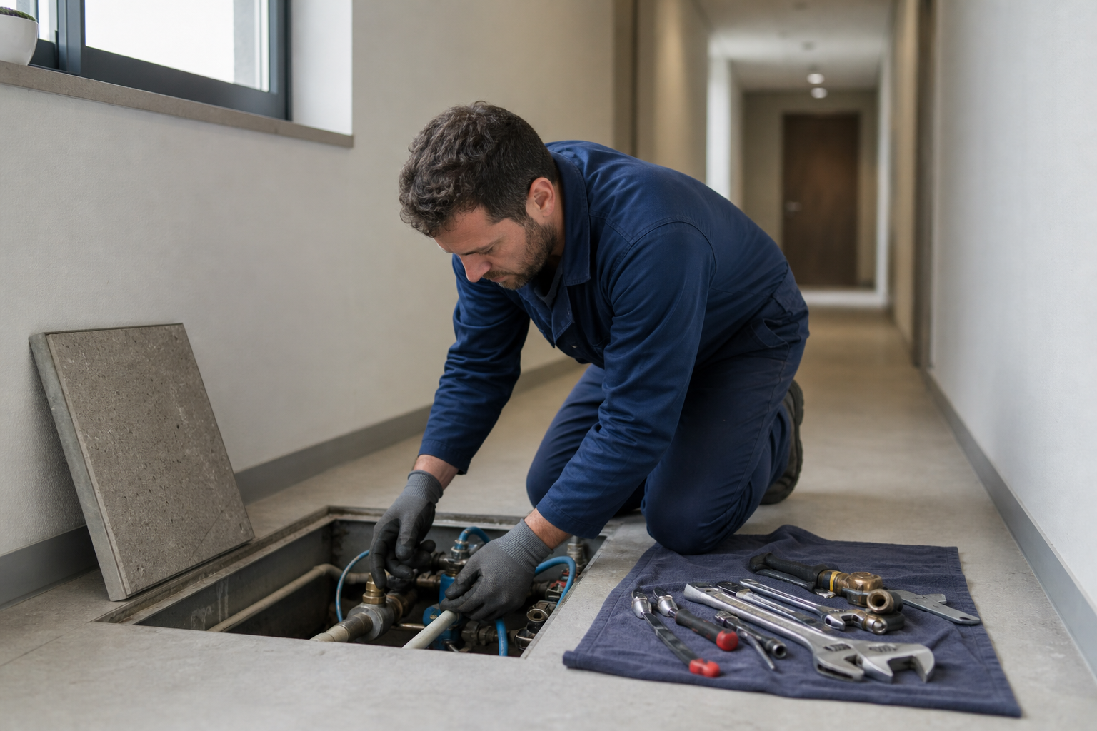 Plumbing technician completing a pipe repair during a slab leak repair job in a Terrell home