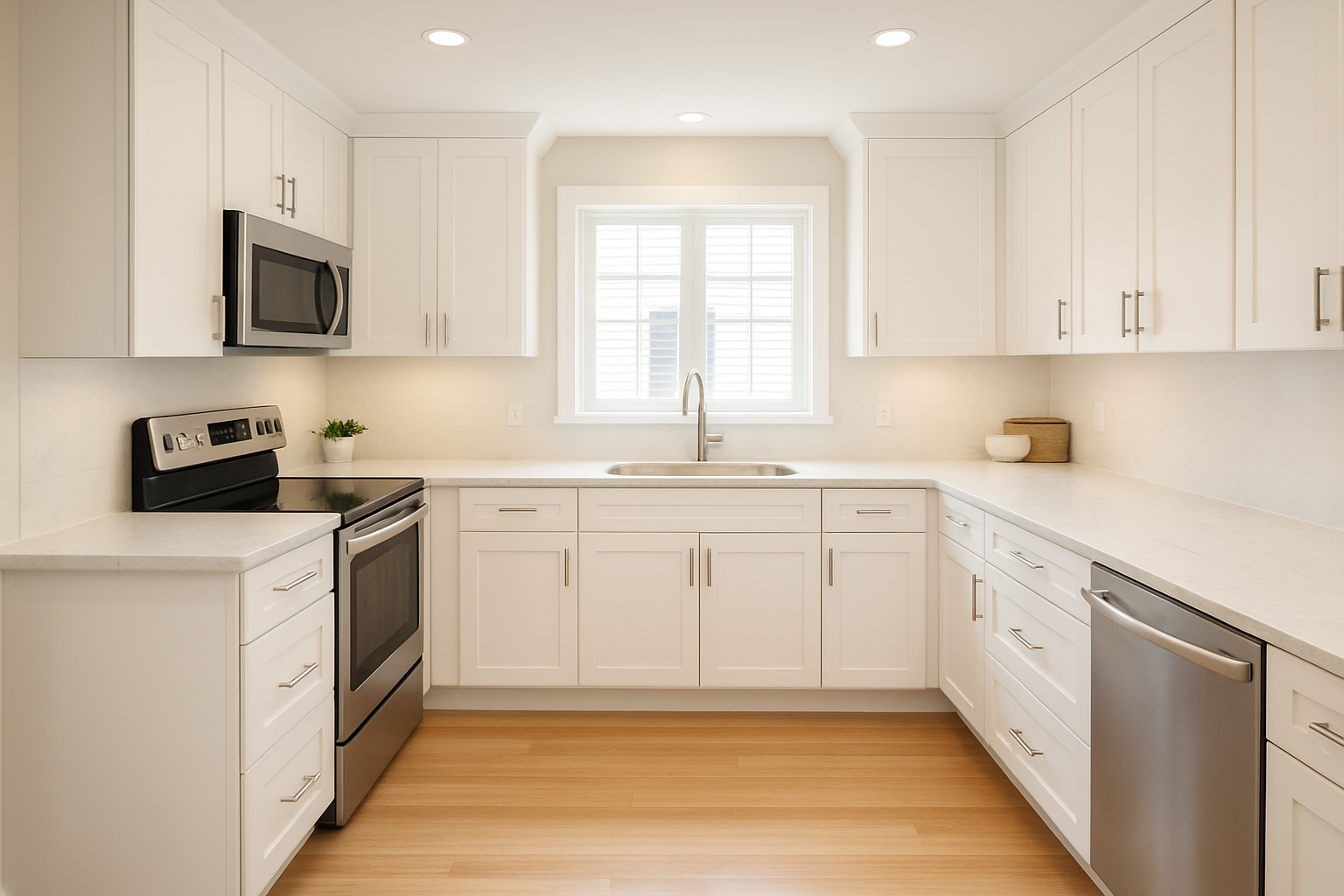 Freshly refaced white shaker kitchen cabinets by local cabinet refacers near me