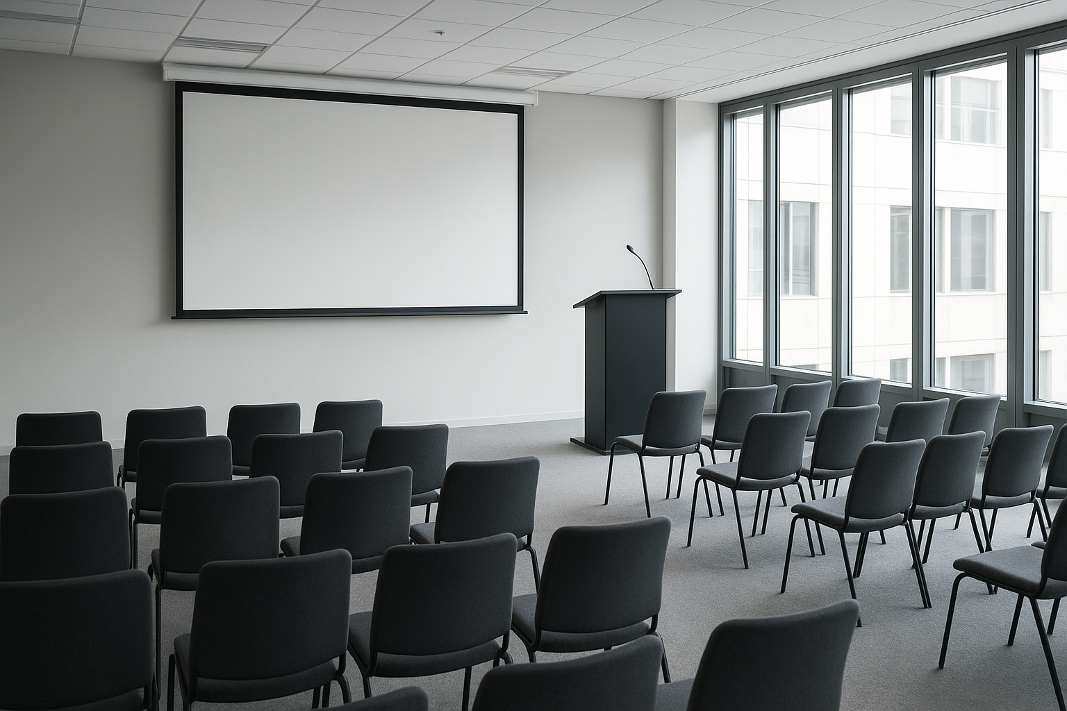 Corporate audio visual equipment rental setup with projector screen and podium microphone