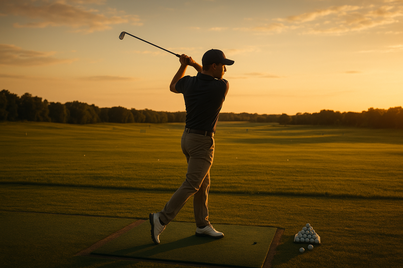 Golfer practicing follow-through technique on an outdoor range during golden hour