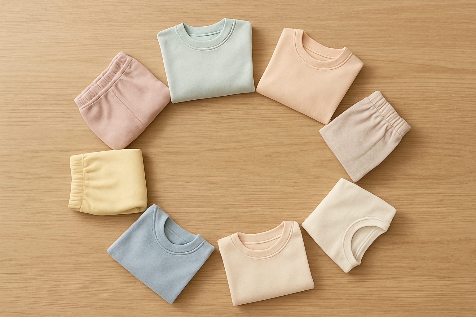 Flat lay of sustainable rotating children's clothing pieces used in a rental wardrobe