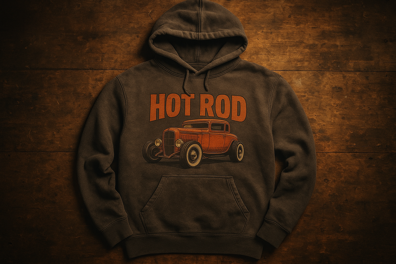 Vintage style custom hoodie with a faded hot rod graphic on a workbench