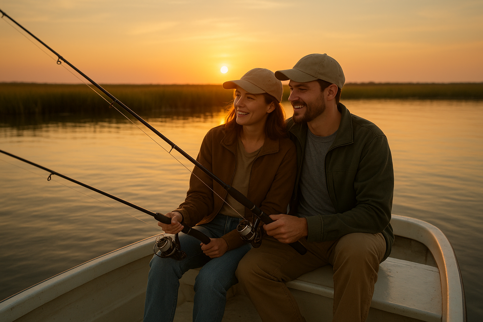 Couple on a private Myrtle Beach fishing charter enjoying a sunrise trip together