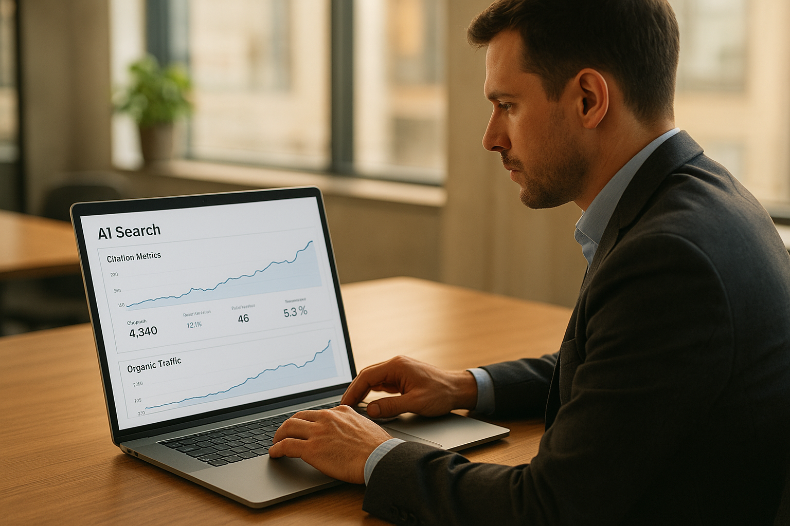 Business professional analyzing AISO performance metrics on a laptop dashboard