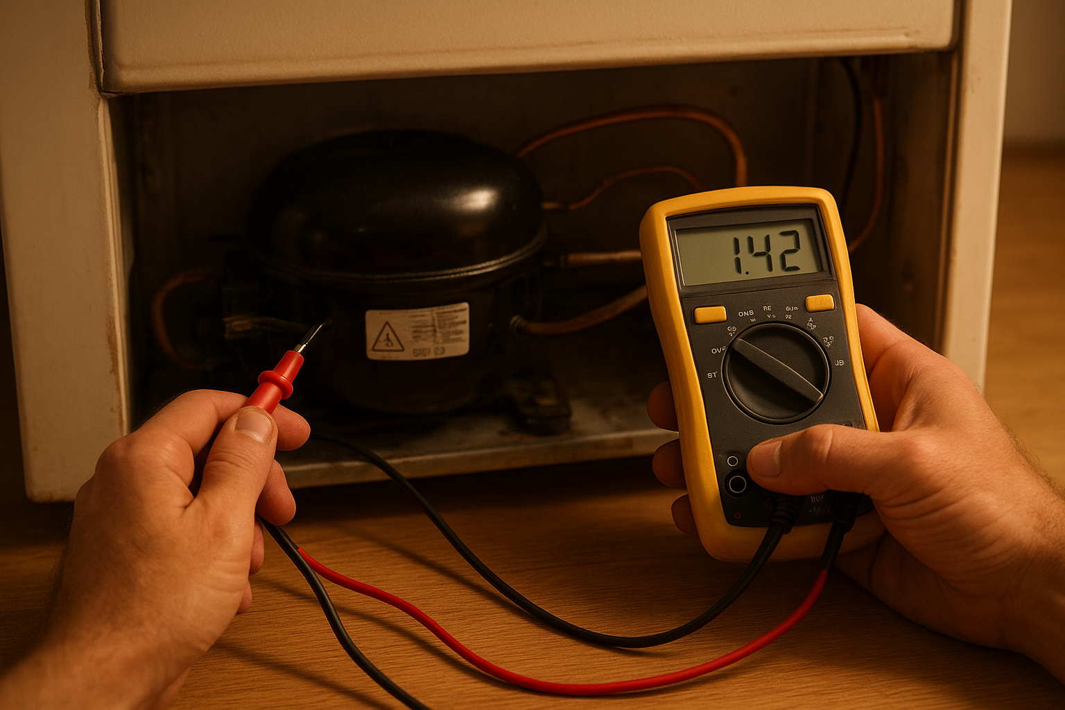 Technician performing fridge repair on a refrigerator compressor in a Santa Rosa kitchen
