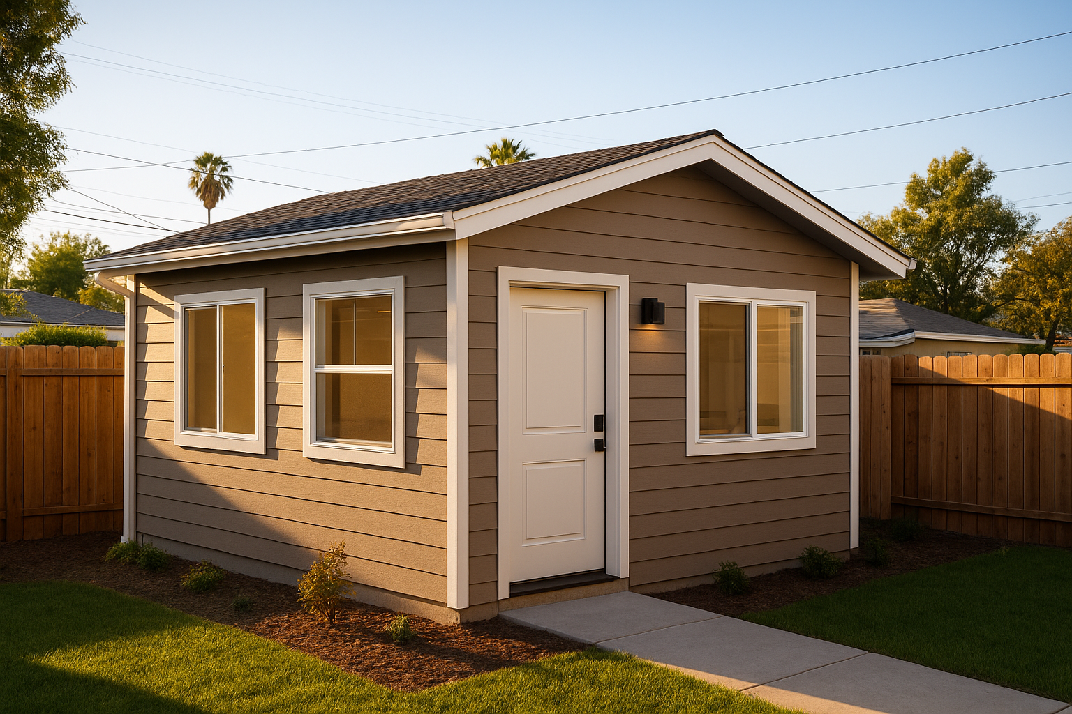 Detached garage converted into a modern garage ADU with new siding and windows