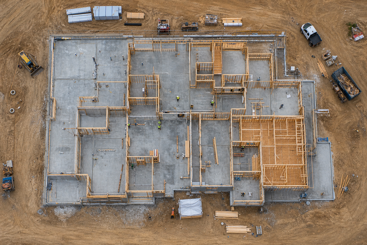 Top-down aerial view of foundation progress used for construction progress monitoring