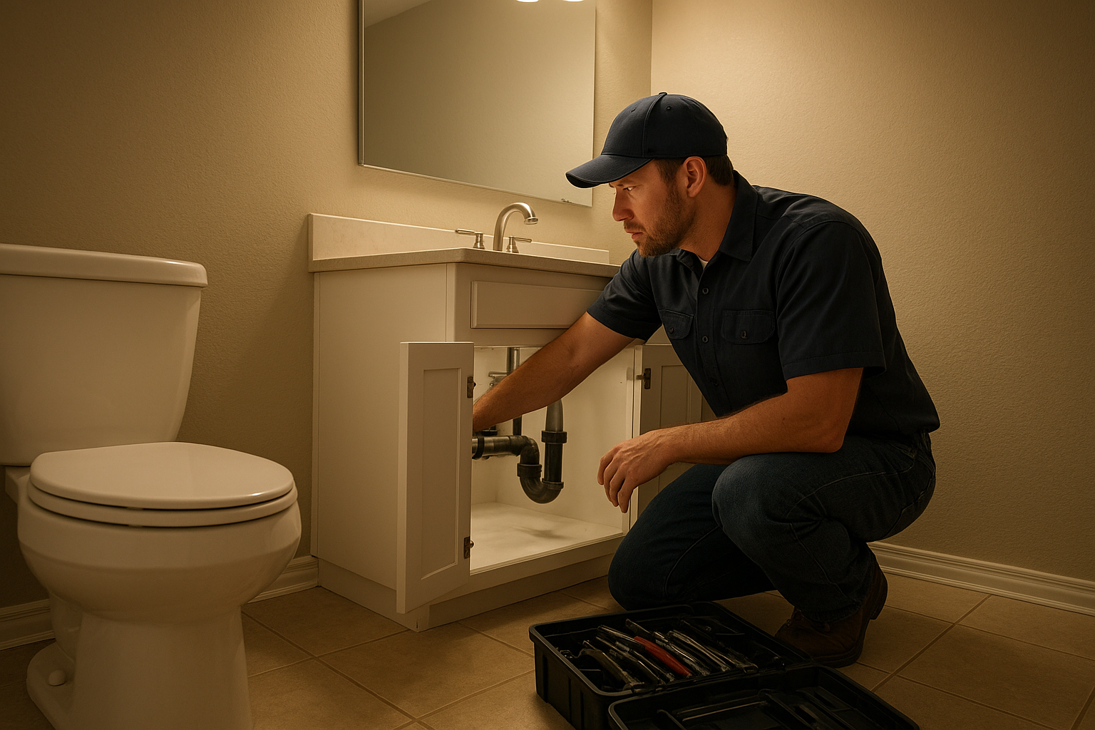 D22fd8c7_plumber-inspecting-pipes-texas-home Licensed plumber inspecting pipes during bathroom plumbing services in a Texas home