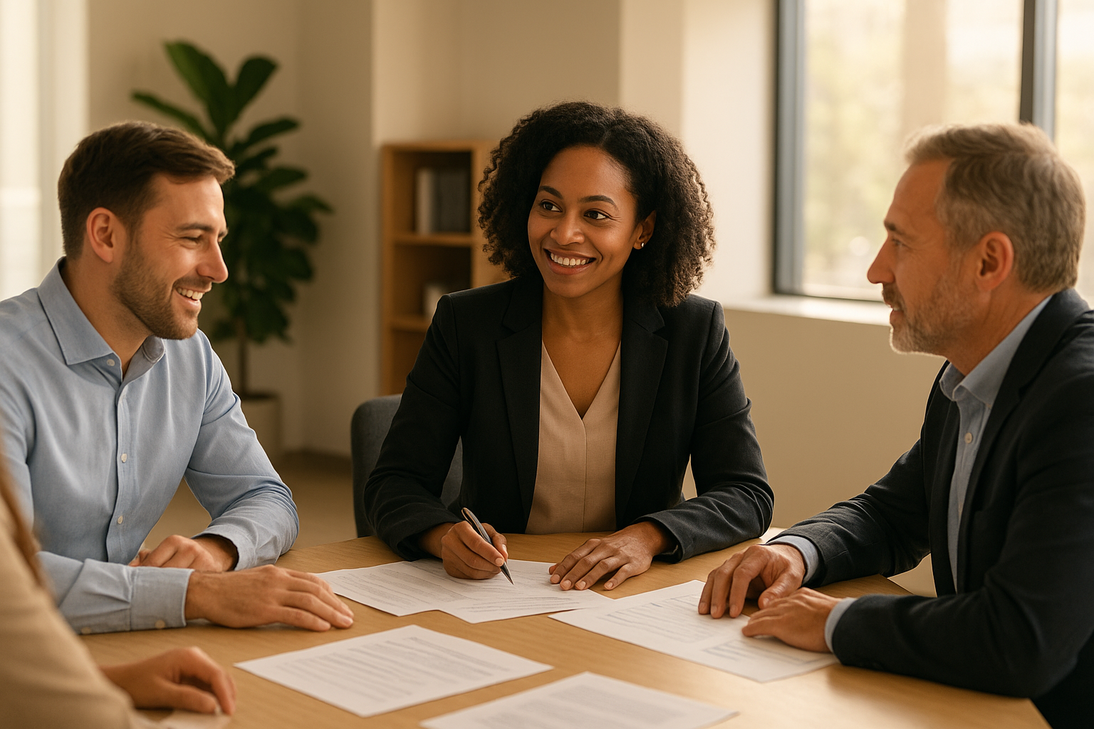 Human resources management consultant meeting with small business leaders to review HR strategy