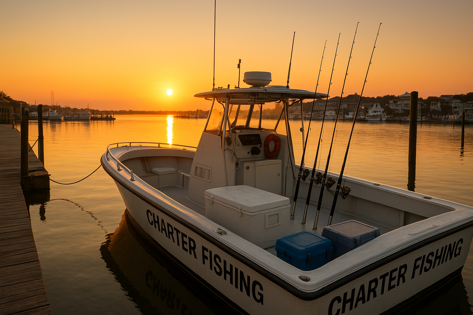 Charter fishing boat docked at a Myrtle Beach marina with gear staged for departure