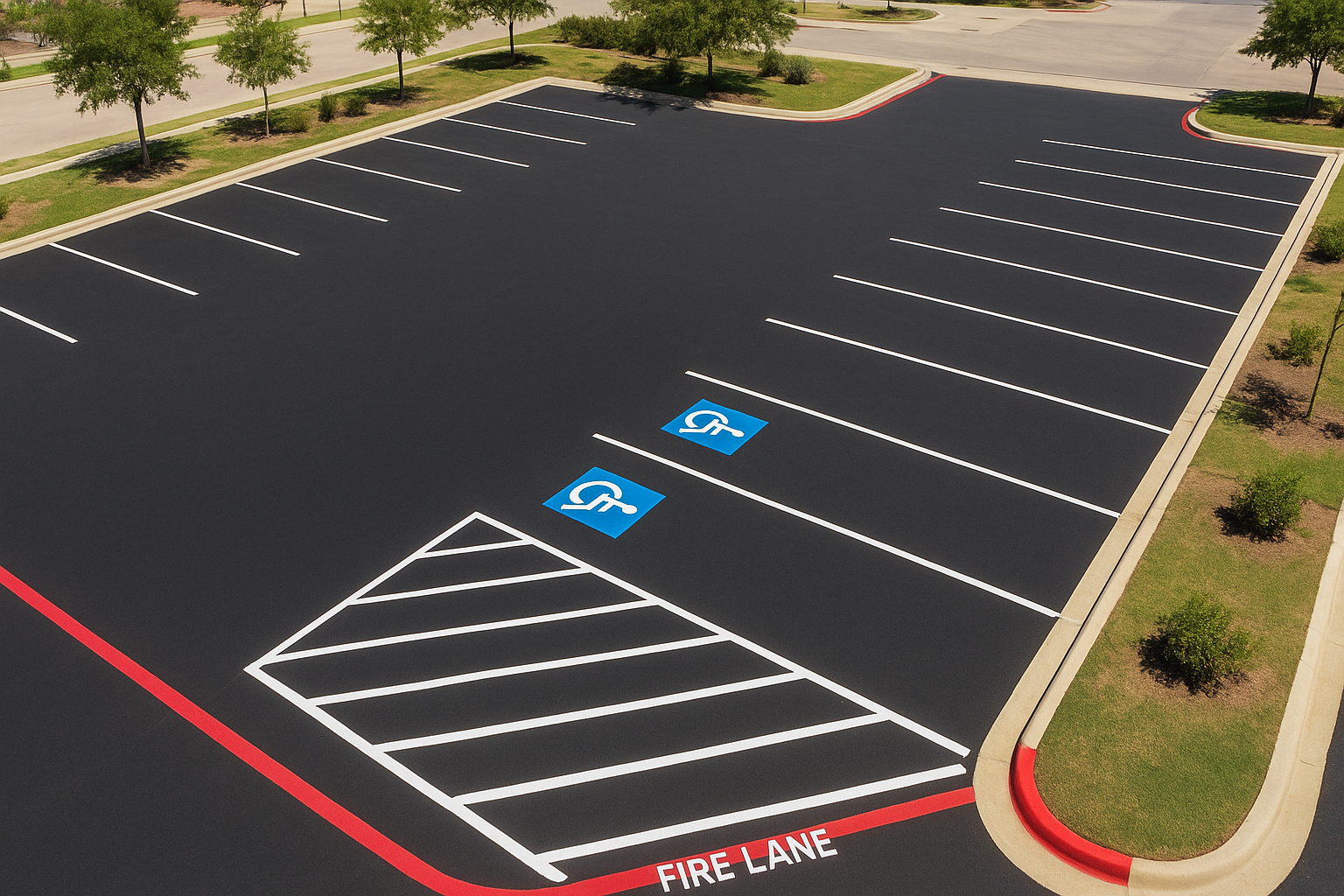Aerial view of parking lot striping in DFW showing white stall lines, ADA markings, and red fire lane paint