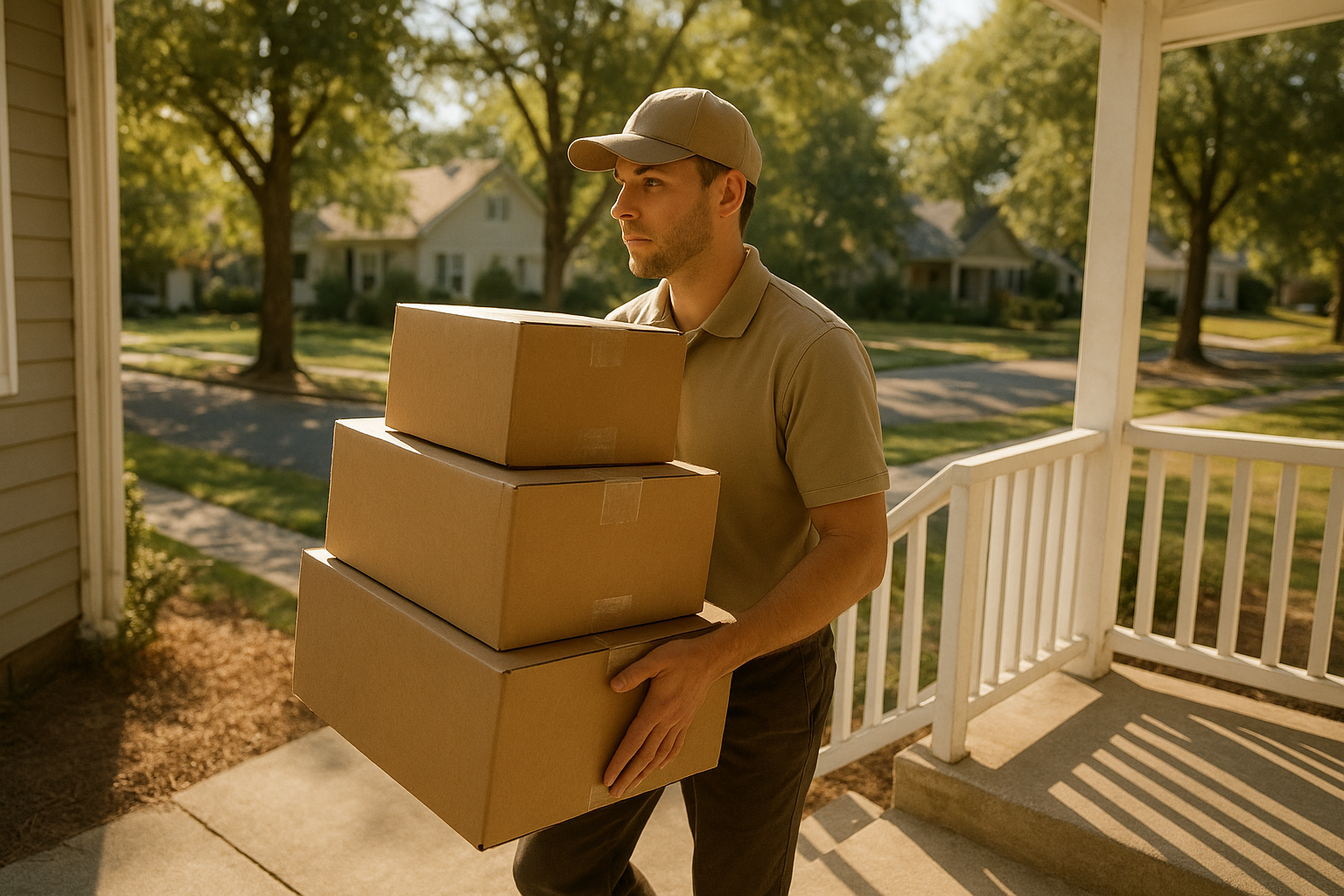 Courier delivering residential packages after preferences were set through a package delivery management tool