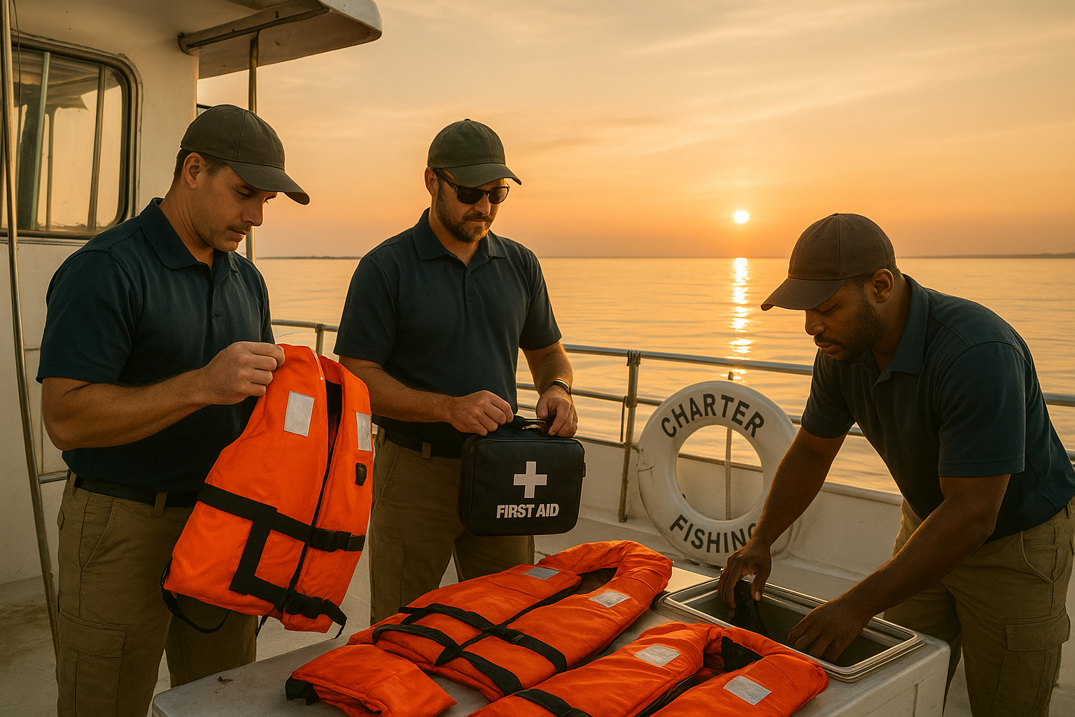 Deep sea fishing safety North Myrtle Beach charter crew checking life jackets before departure