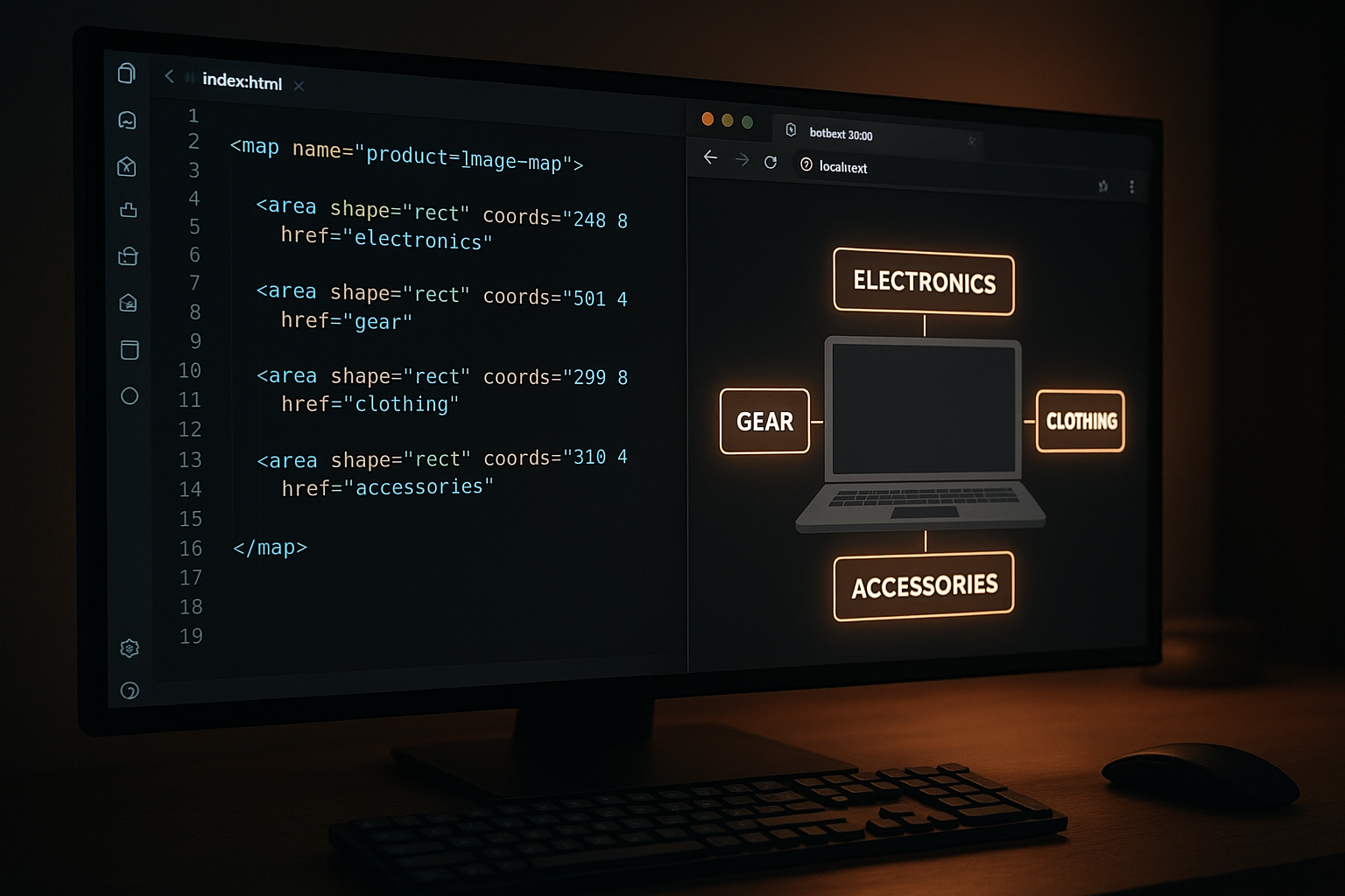 Developer coding an interactive image-map in a code editor with browser preview showing hotspot regions