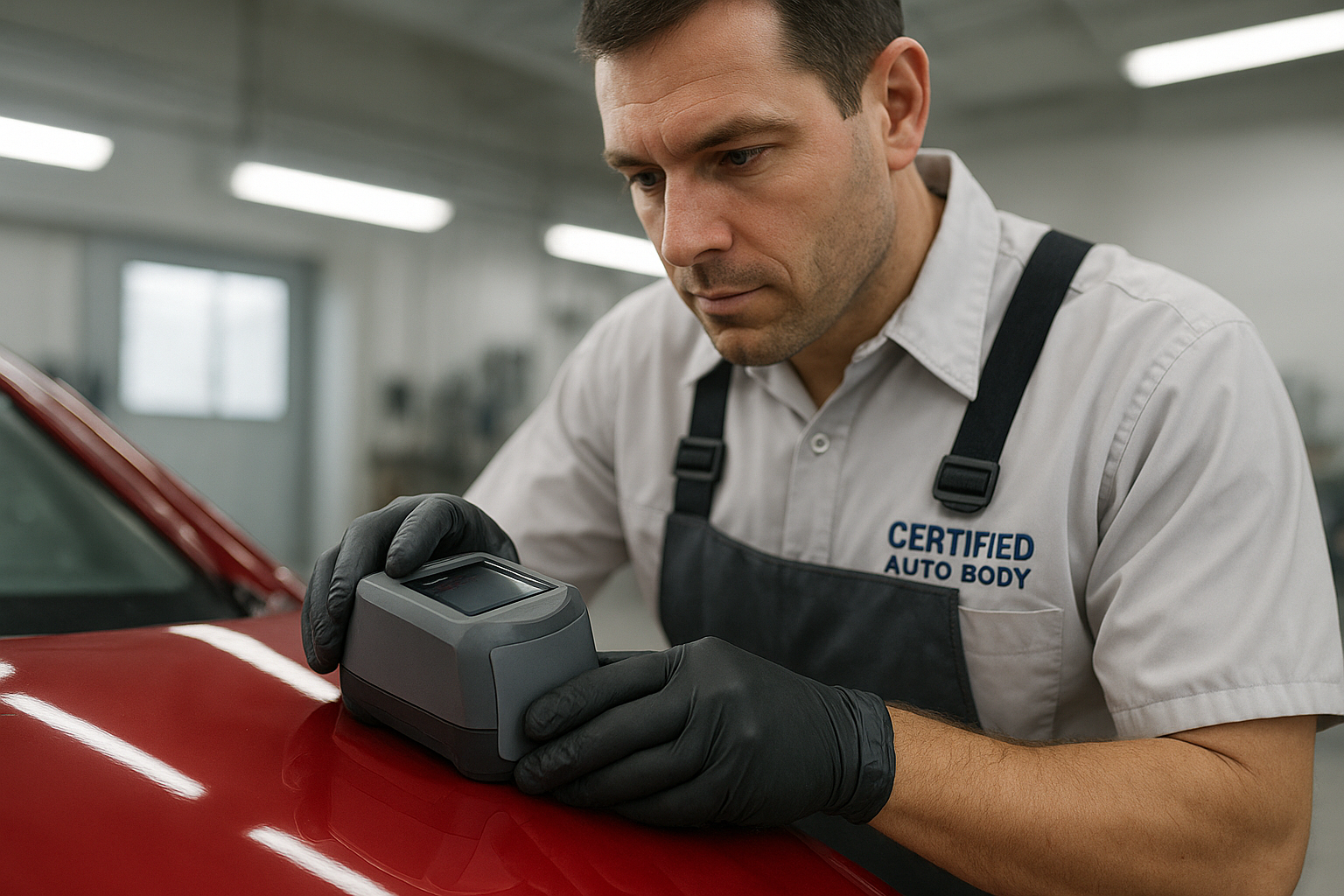 Auto body technician using paint matching equipment for precision color repair at a highway body shop