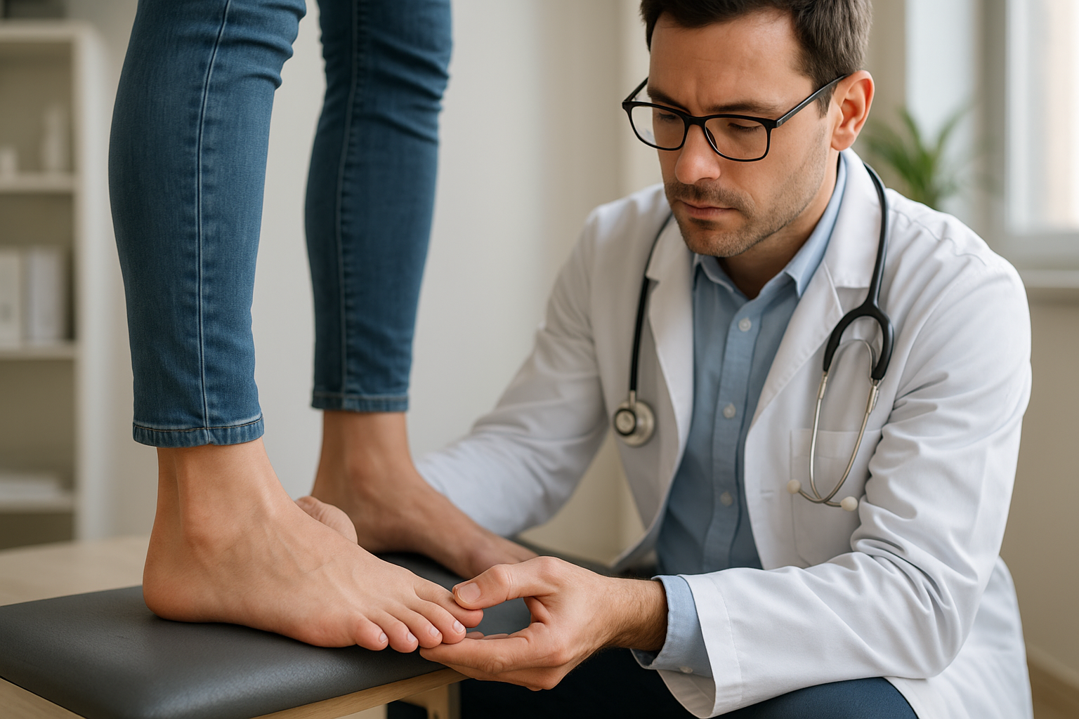 Podiatrist assessing foot alignment before fitting posted heel orthotics