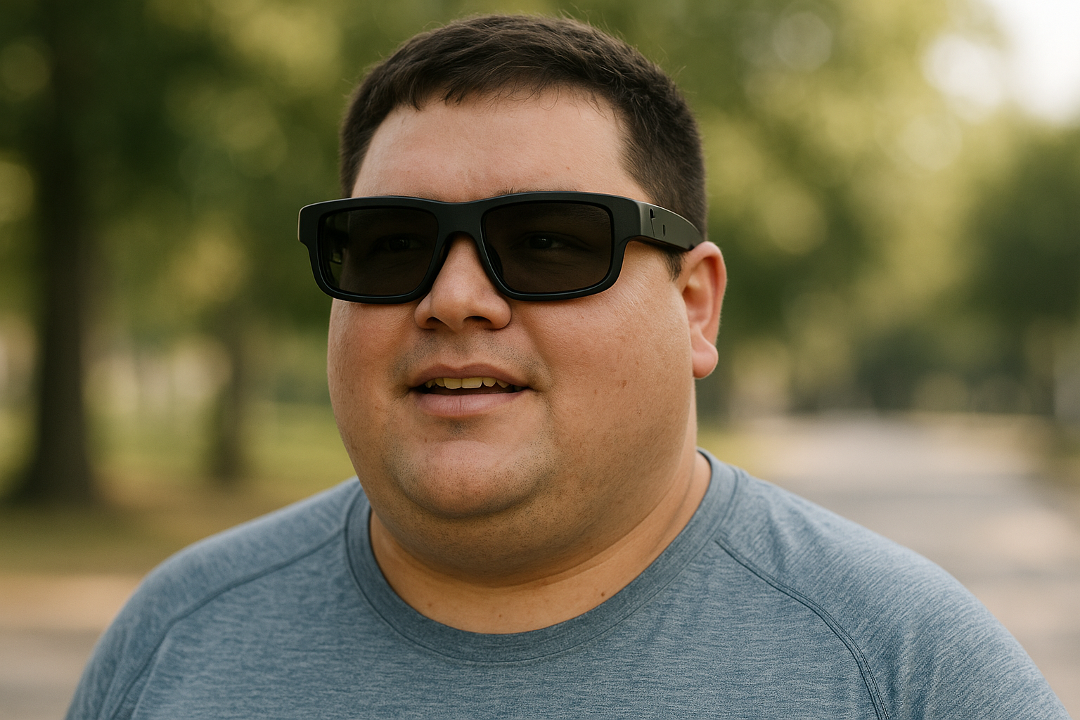 Person with a wider face comfortably wearing sport-style AI smart glasses outdoors