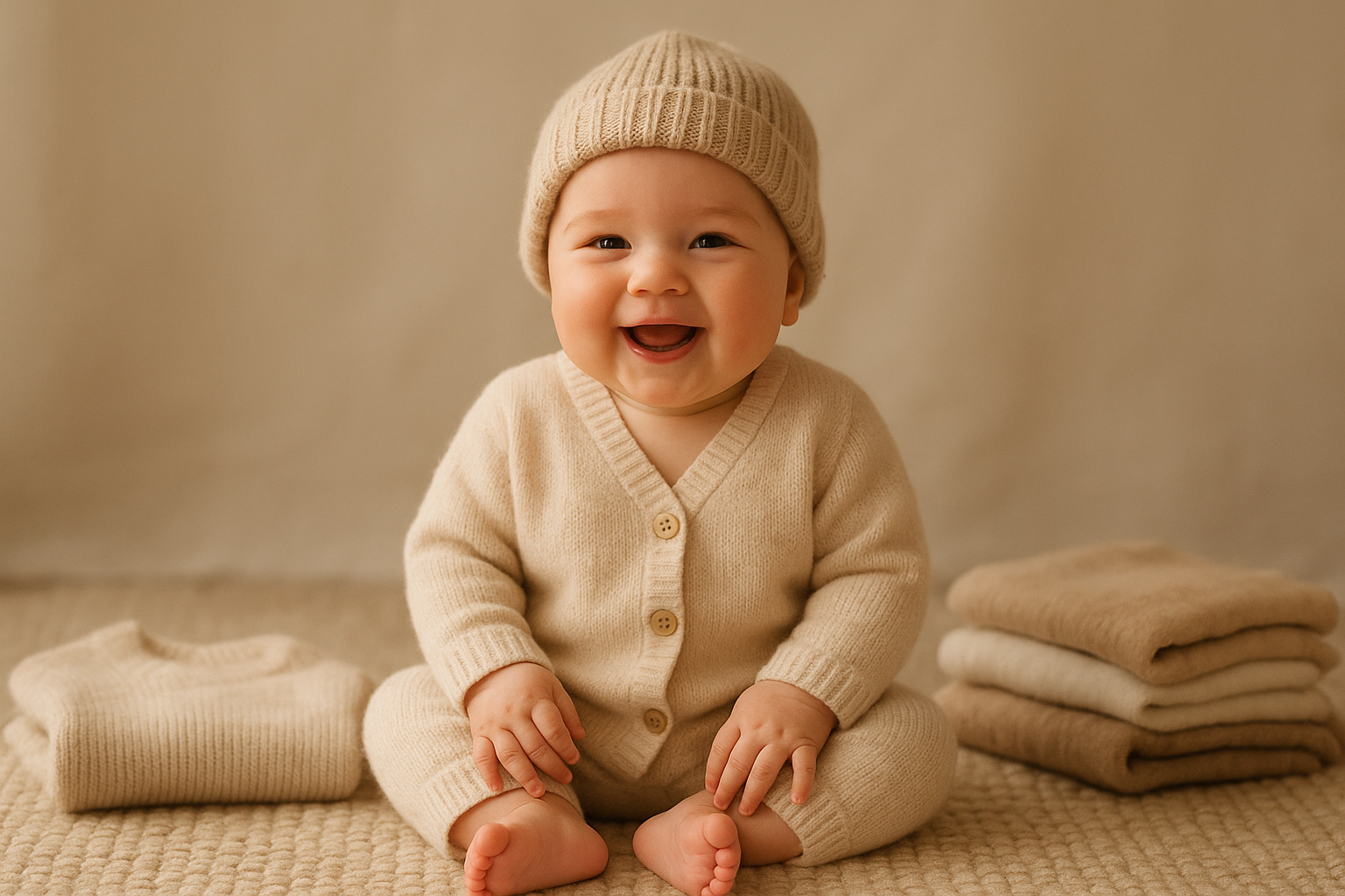 Baby dressed in rotating outfits from a stylish baby clothes subscription service