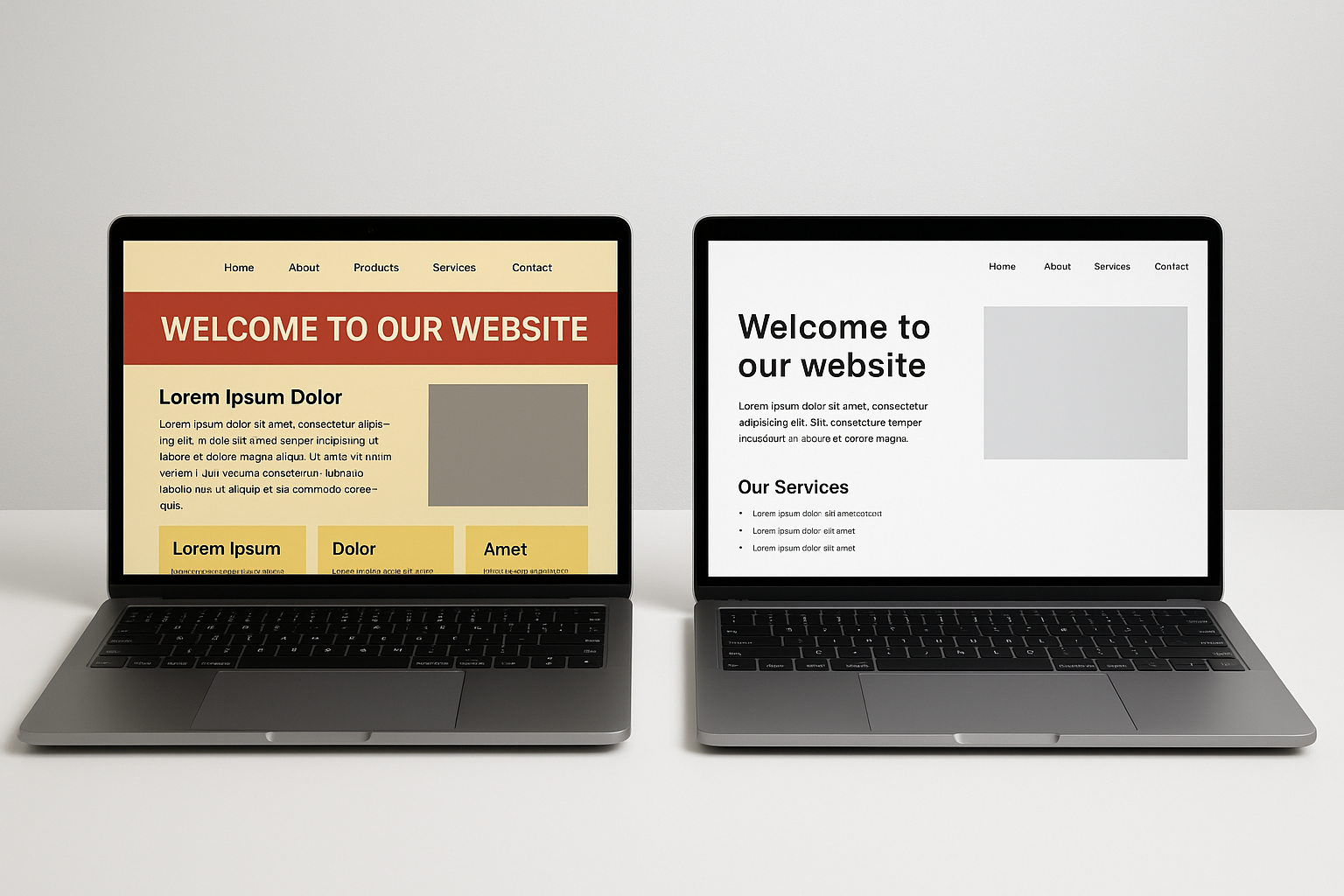 Before and after comparison showing outdated website design next to a clean modern redesign