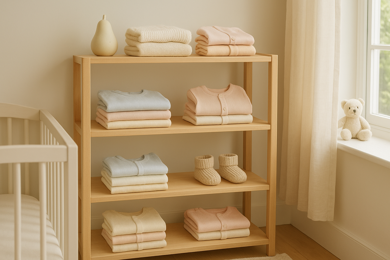 Shelf of folded children's clothing representing a flexible rental service for children's clothes
