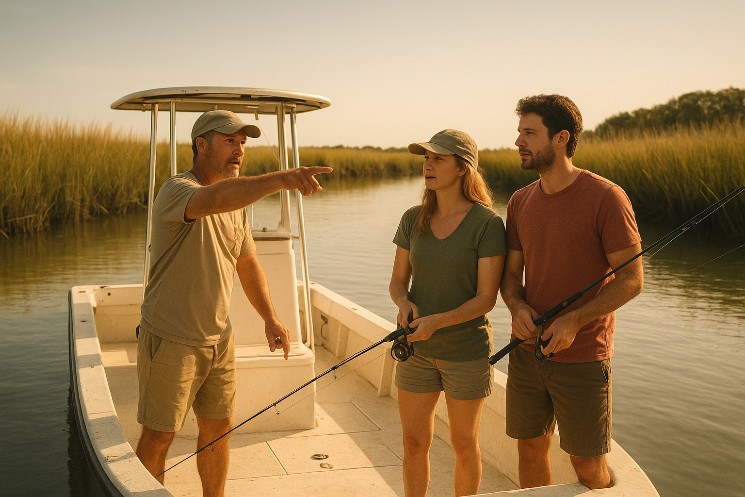 Charter captain guiding a couple during an inshore fishing trip near Myrtle Beach