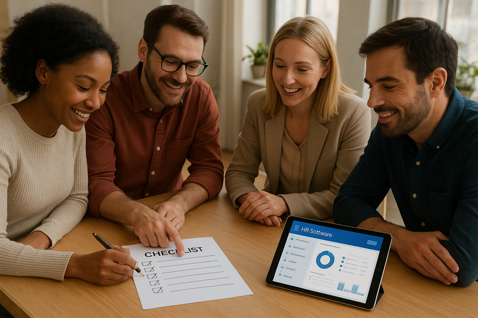 Small business team reviewing a checklist for choosing a cloud based HR system