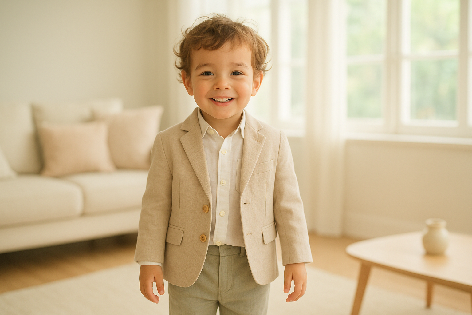 Happy young child wearing premium rental clothing from a kids' clothing subscription service