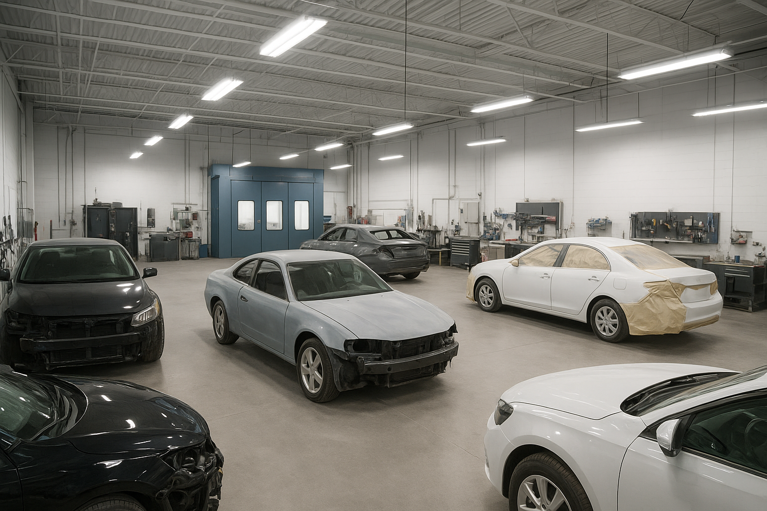 Modern auto body shop facility performing collision repair services