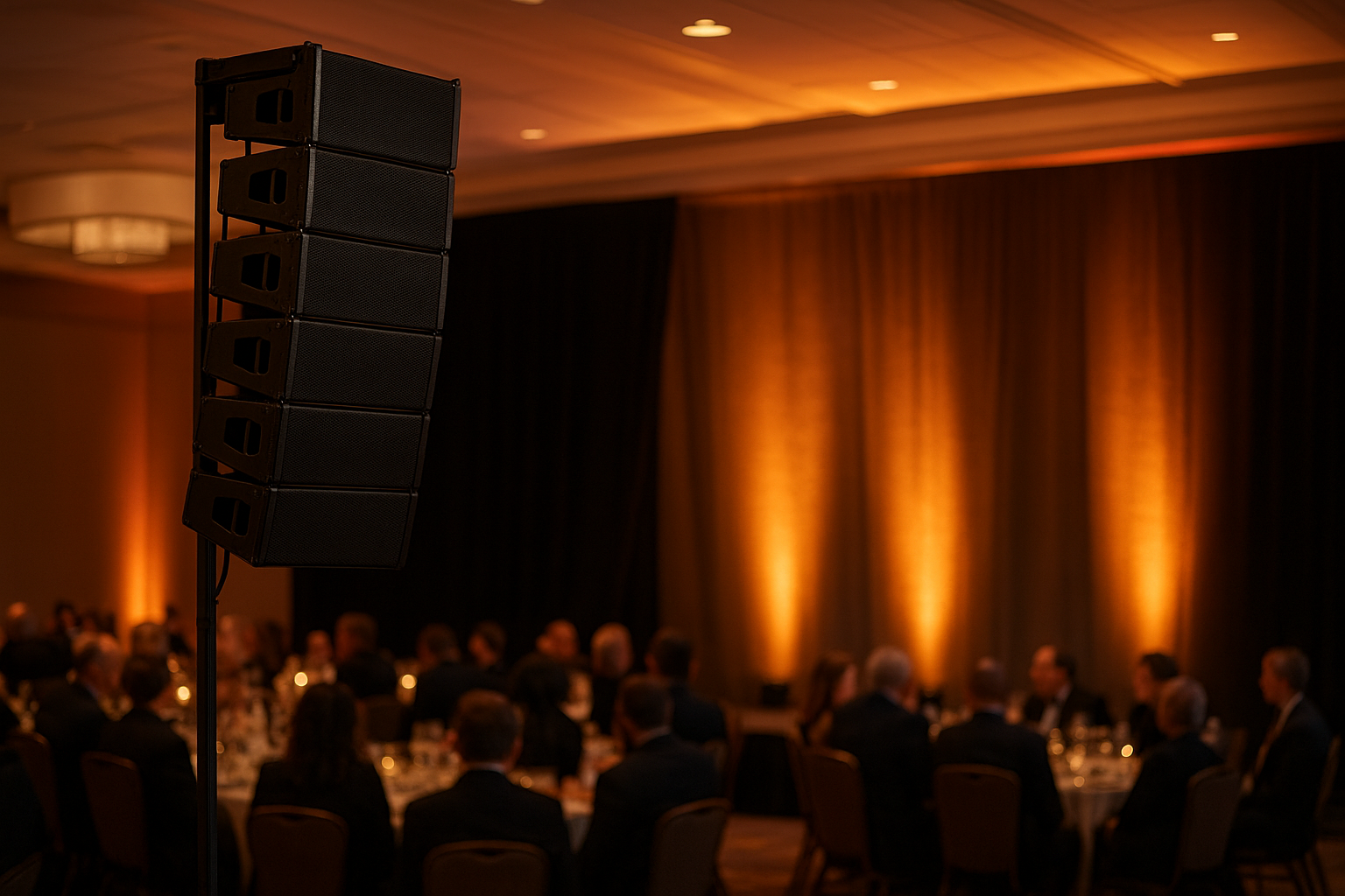 Line-array speaker system and stage lighting set up for a corporate event