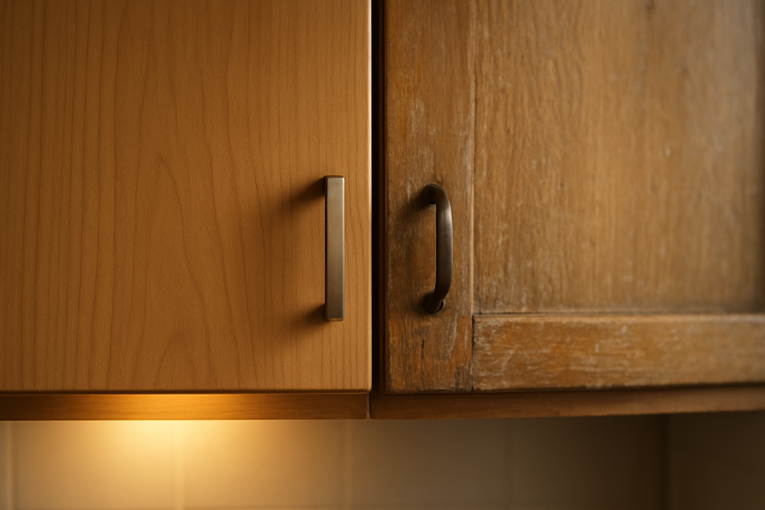 Close-up comparison of a newly refaced cabinet door next to an older worn door, illustrating refacing vs replacing cabinets
