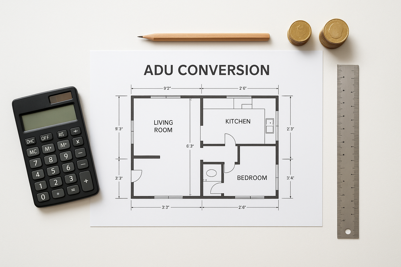 ADU garage conversion cost planning with architectural blueprints, calculator, and budget tools on a desk