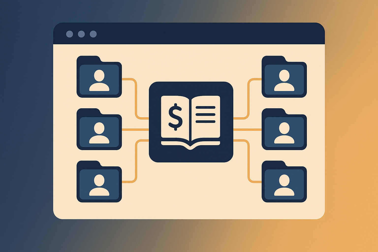 Illustration of multiple client books connecting to one central reconciled ledger for accounting firms