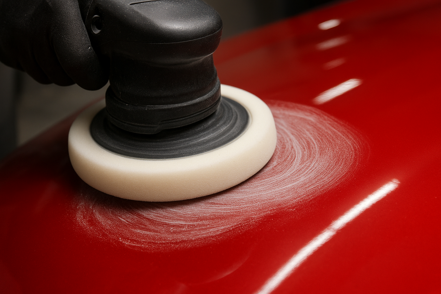 does buffing remove scratches shown with foam pad polishing red car paint
